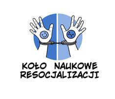 logo koła resocjalizacji, dwie ręce związane kajdankami na niebieskimm tle